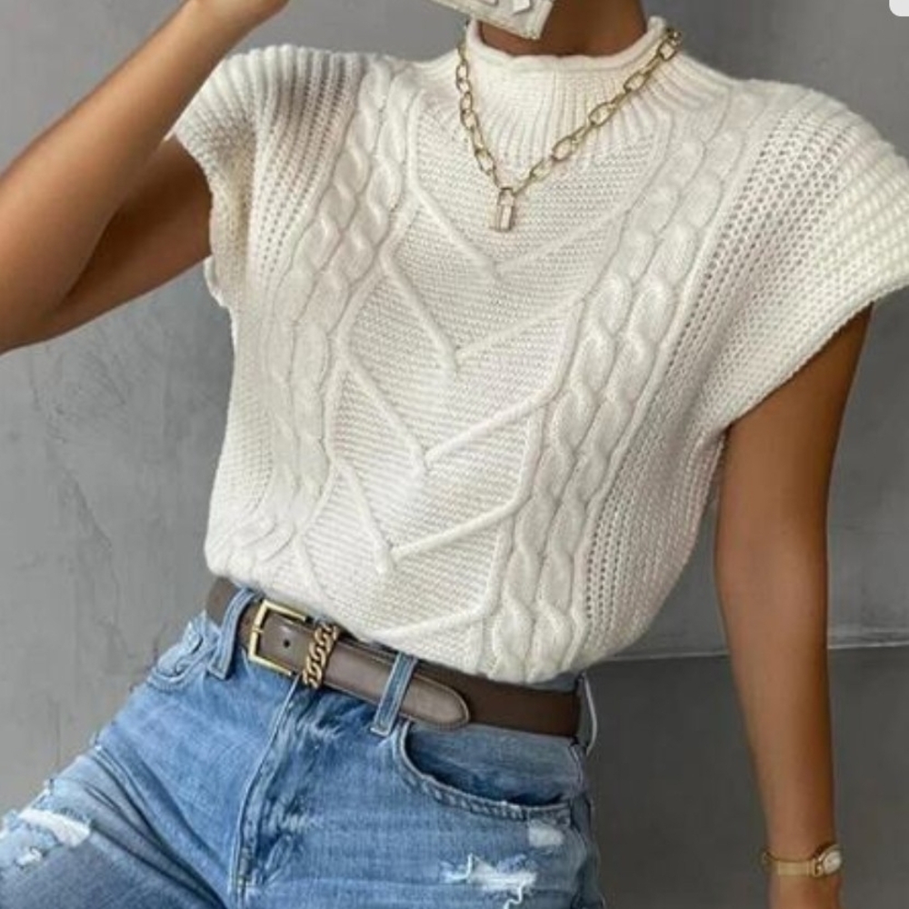 Commense Cap sleeve Elegant White Cable Knit Sweater Vest